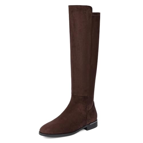 Image of Modatope Rounded Toe Flat Stretchy Dress Knee High Boots Side Zipper | Suede Elastic Fall Winter Boots, Low Chunky Block Heel Riding Boots,2026 Fashion Womens Tall Long Boots