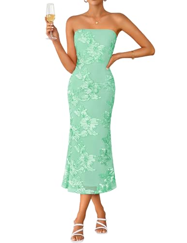 ZESICA Women's Summer Strapless Floral Midi Dress 2026 Bodycon Mesh