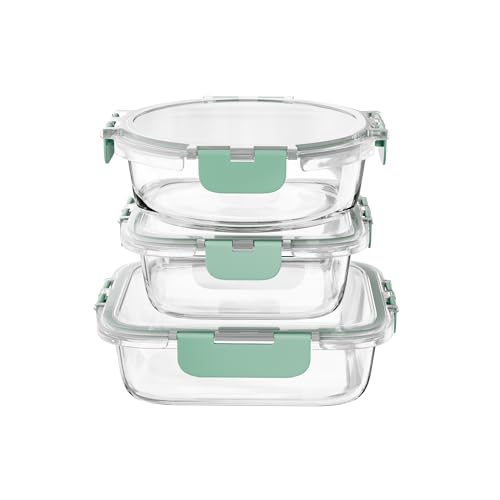 Amig - Set de 3 Recipientes Herméticos para Alimentos - Capacidad: 400 ml / 370 ml / 320 ml - Redondo, Rectangular y Cuadrado - Para Microondas, Horno, Congelador y Lavavajillas - Color verde