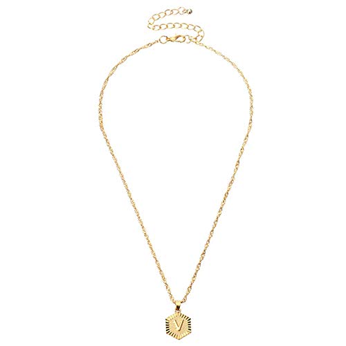 26 Initial Letters Necklace Gold Plated Link Chain Pendant Necklace Hexagon Medallion Minimalist Jewelry for Women Vintage Paperclip Choker