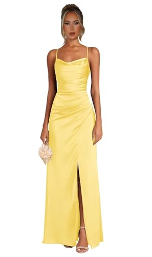 Satin Mermaid Bridesmaid Dresses for Women 2026 Spaghetti Straps Ruched Formal Dress with Slit Cowl...