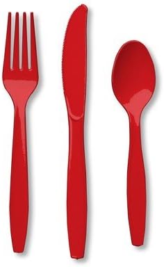 Club Pack of 288 Classic Fire Engine Red Premium Heavy-Duty Plastic Party Knives, Forks and Spoons