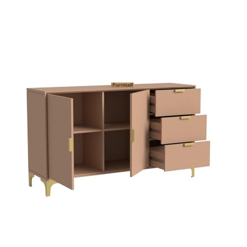 Image of Wooden Sideboard Cabinet for Living Room & Bedroom | Wooden Storage Cabinet with 2 Doors & 3 Drawers Storage | Large Storage Organizer /Cupboard | HDMR Premium Wood | Gold Metal Legs (Beige)