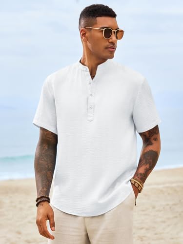 Image of Runcati Mens Casual Henley Shirt Short Sleeve Band Collar Textured Shirts Summer Beach Hippie T-Shirts
