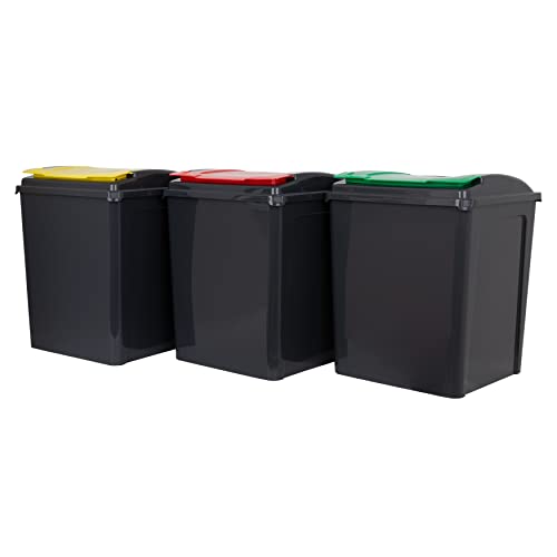 Wham 3 Piece 50L Plastic Recycle Bin Graphite/Assorted (Red/Green/Yellow Lids)