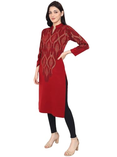 Image of Rosary Women's Winter Woolen Kurti Embroidered Straight Fit Ethnic Wear with 2 Side Pockets