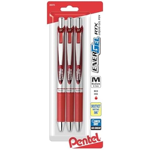 Pentel EnerGel RTX Retractable Liquid Gel Pen (0.7mm), Medium Line, Metal Tip, Red Ink, Pack of 3 (BL77BP3B)