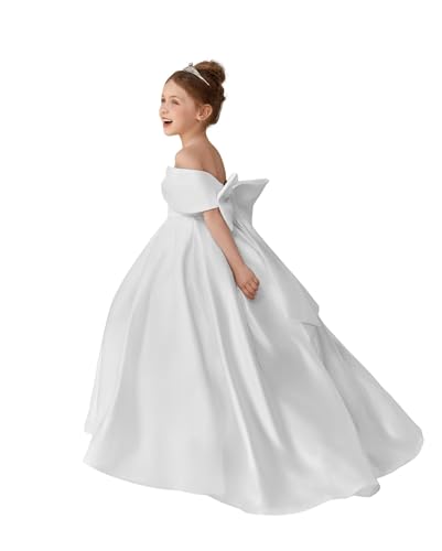 JISISANG Off Shoulder Flower Girl Satin Dresses for Wedding Girls Princess Pageant First Communion Formal Dresses