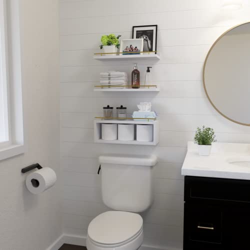 WOPITUES Floating Shelves for Wall with Cube Shelf, Wall Shelves with Metal Rail for Bathroom Decor, Bathroom Organizers and Storage, Over Toilet Shelves for Bathroom, Toilet Paper-White&Gold