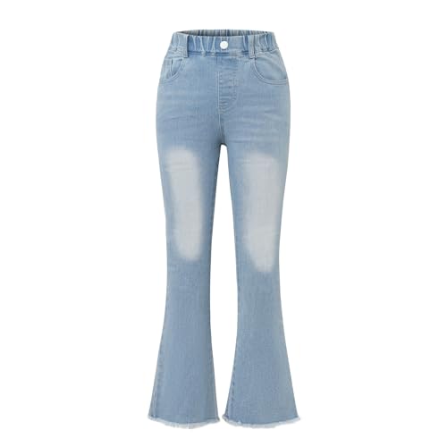 Girls' High Waisted Flared Jeans Elastic Waist Ripped Denim with Pocket