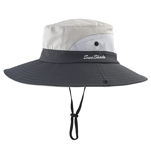 Womens Summer Sun Hat Outdoor Uv Protection Foldable Wide Brim Bucket Ponytail Hats Beach Safari Fishing Cap Beige #TOP1