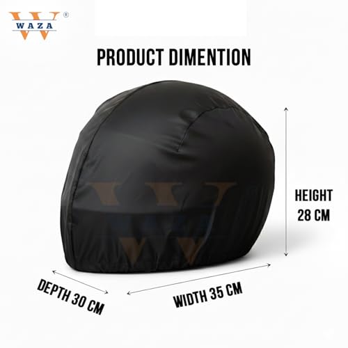 Image of Waza Helmet Cover for Motorcyclists & Cyclists -Waterproof Umbrella Fabric, Dustproof, Universal Fit with Adjustable Strap - Black Helmet Rain Cover