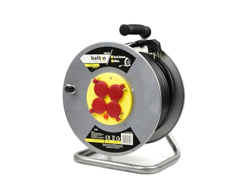 BSD Tambor Alargador Eléctrico Metálico 50m 3x2,5mm con Protección Térmica y 4 Tomas 230V para Hogar y Taller
