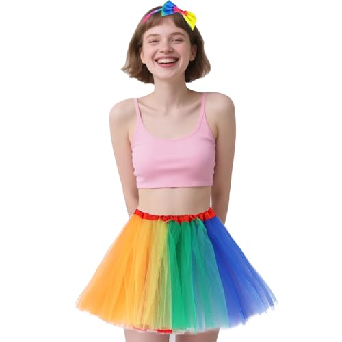 AffeGifts Falda Tutú Adulta, Falda Arcoíris para Mujer con Una Banda de Pelo Arco Iris Falda de Tul Colorida Día del Orgullo Carnavales Aduanas Vestido de Lujo de Neón
