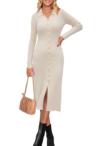 Newshows Strickkleid Damen Herbstkleid Wickelkleid V Ausschnitt Pulloverkleid Winterkleid Kleid Herbst Winter Aprikose,M