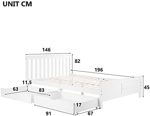 LTGB Double Bed Frame, Wooden Solid Pine Storage Bed with Drawers, Bed Furniture Frame, Suitable for Adults, Kids Teenagers , 4ft6 Double Bed, White, 196 x 146 x 82 cm