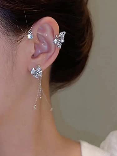 2PCS Butterfly Tassel Zircon Earrings and Ear Cuffs - No Piercing Flower Climber Wrap Around Earrings - Fairy Ear Clip Jewelry Gifts 5