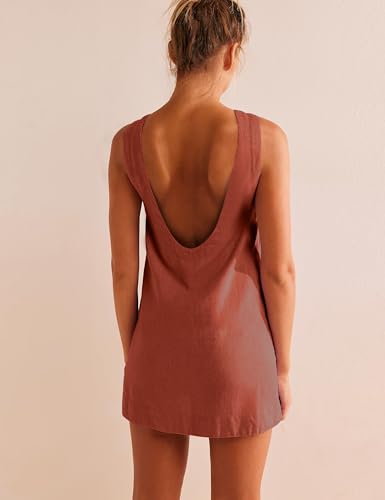 Image of VIUTIL Womens Summer Linen Mini Dress Boat Neck Low Back Sleeveless Tank Dresses with Pockets 2026 Vacation Outfits
