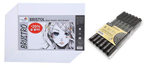 Image of Brustro Technical Pen Black (Set of 6) with Brustro Ultra Smooth Bristol 250 GSM A4 - (Pack of 12 Sheets)