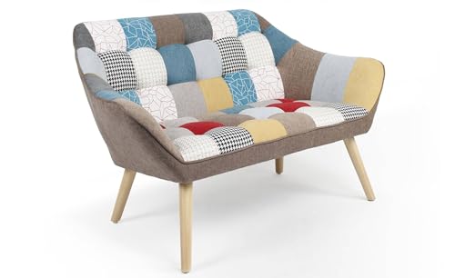 Menzzo Canapé 2 Places scandinave ZENTAO – Effet Patchwork Multicolore – Tissu Confortable – Style Moderne et Cosy – Design Nordique