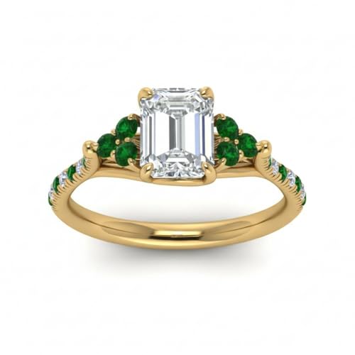 Image of Choose Your Gemstone Emerald Cut Petite Cathedral Diamond CZ Ring Yellow Gold Plated Emerald Shape Petite Engagement Rings for Women, Girls and Ladies US Size 4 to 12