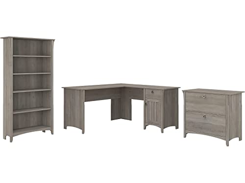 Bush Furniture Salinas 60W L Shaped Desk with Lateral File Cabinet and 5 Shelf Bookcase in Driftwood Gray