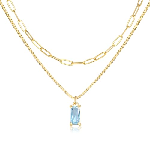 Pls Back Dainty Gold Charm Necklaces for Women Non Tarnish, 14K Trendy Blue Green Cubic Zirconia...