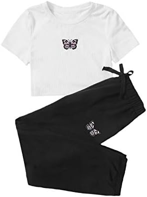 SOLY HUX Girl's 2 Piece Outfits Cute Crop Tops and Pants Set Butterfly Summer Preppy Summer Clothes Black White 11-12Y