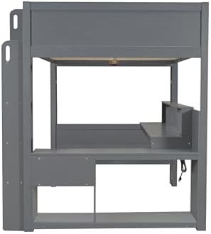 Full Size Gaming Loft Bed with Desk, LED and USB Charging Station, Wood Loft Bed Frame with Storage Drawer Shelves, Full Loft Bunk Bed with Bookshelf for Kids Teens Adults, Dark Gray