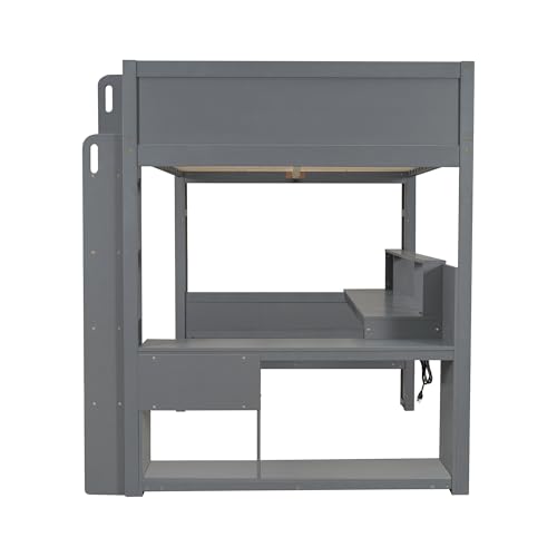 RuiSiSi Full Size Gaming Loft Bed with Desk, LED and USB Charging Station, Wood Loft Bed Frame with Storage Drawer Shelves, Full Loft Bunk Bed with Bookshelf for Kids Teens Adults, Dark Gray
