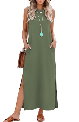 RUMIA Maxi Dresses for Women Casual Summer Sleeveless Vacation Outfits Sundress with Pockets Army XL