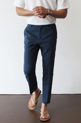 Image of GINGTTO Linen Pants Men Slim Fit Elastic Waistband Lightweight Summer Beach Fashion Casual Pant