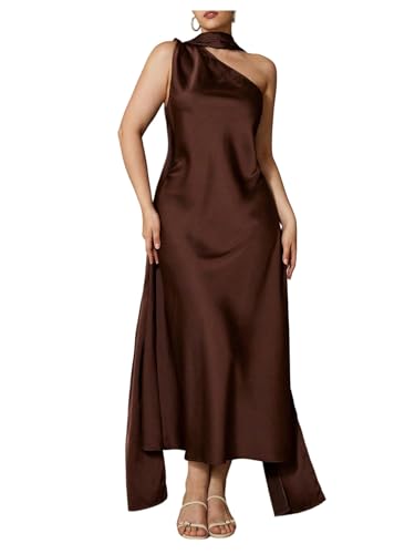SOLY HUX Women's Plus Size One Shoulder Satin Dress Sleeveless Party Prom Midi Dresses with Scarf