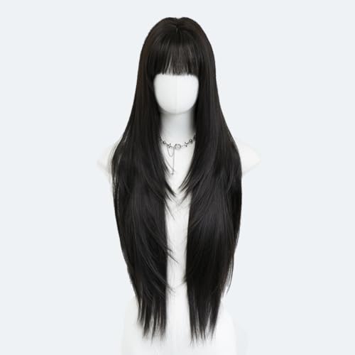 URCGTSA 33 Inches Long Hair for Women Black Synthetic Hair Natural Long Straight Wig With Bangs Party Cosplay Wig for Girl (Natural Black)