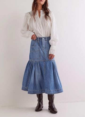 yoeasy Women's Casual Vintage High Waist Denim Maxi Skirts Button Pleated Flowy Swing A Line Long Jean Skirts2