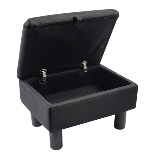 Gemsaya Leinen Pouffe-Fußhocker mit Stauraum, Leinenstoff-Pouf mit Holzbeinen, Aufbewahrungsbox Sitzwürfel mit Deckel für Wohnzimmer Schlafzimmer Flur (Schwarz)