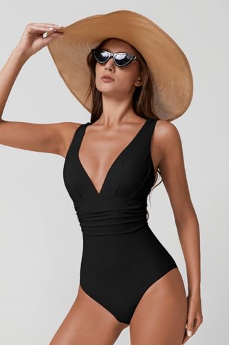 QINSEN One Piece Bathing Suit for Women Tummy Control V Neck Swimsuit High Waist Monokini Black M