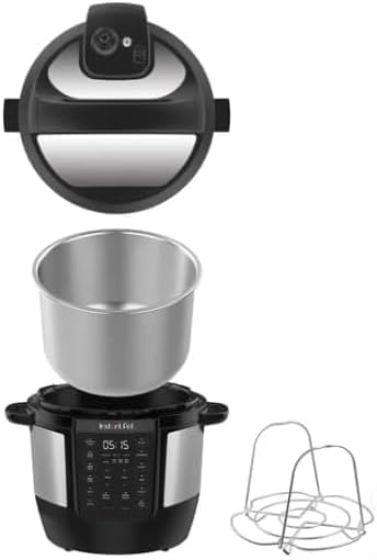 Disassembled Instant-Pot RIO components: lid, inner pot, main unit, and steaming rack