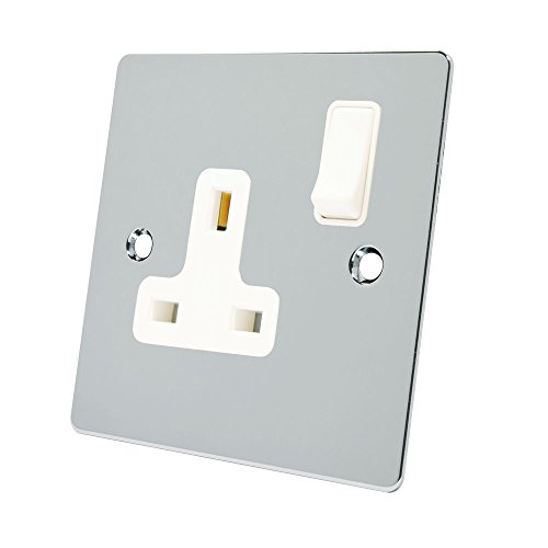 Alliance Electrical FPC1GSOCWH 13 A 1 Gang White Insert Single Plug Socket Flat Plastic Rocker Switch - Polished Chrome