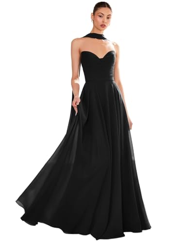 ouhati Chiffon Black Bridesmaid Dresses for Women Sweetheart Ruched Long