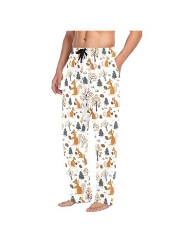 ZZKKO Pajamas Pants for Men Forest Squirrels Pine Cones Men's Pajama Bottoms 100% Cotton PJ Pants for Mens S3