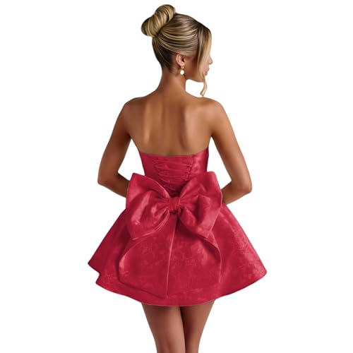 Image of ZGMYC Jacquard Satin Homecoming Dress with Bow Elegant Strapless Mini Dress A Line Short Prom Dresses Party Gown Bright Red