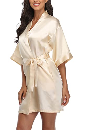 Laurel Snow Women's Satin Robes Bridesmaid Getting Ready Robe Soft Sleepwear Silky Short Kimono Bathrobe For Bridal Wedding Party Champagne #TOP7