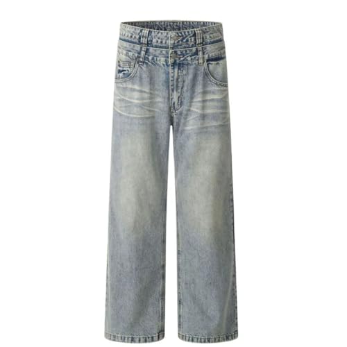 Men’s American Style Washed Double Waistband Jeans, Stylish Versatile Straight Trousers for Summer