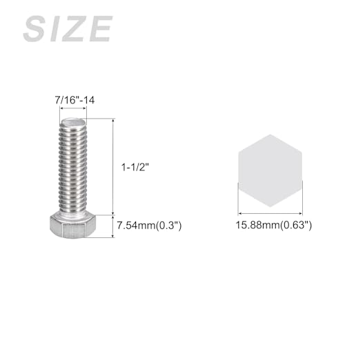 Image of METALLIXITY Hex Head Bolts (7 /16-14 x 1-1 /2 inch) 10Pcs, 304 Stainless Steel 18-8, Fully Threaded, External Hex Drive, Plain Finish, Hex Head Screw Bolt, Silver
