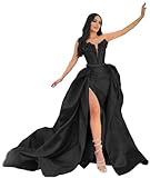 Satin Prom Dress with Slit Elegant Ball Gowns for Women Long Sequin Mermaid V Neck Strapless Formal Evening Party Dress with Detachable Train Black US16