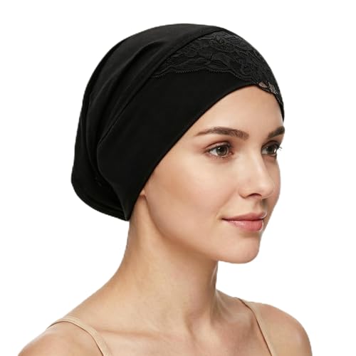 ZLYC Hijab Cap for Muslim Women Soft Stretchy Open-Back Underscarf Hat Breathable Inner Hijab Undercap Lace Black