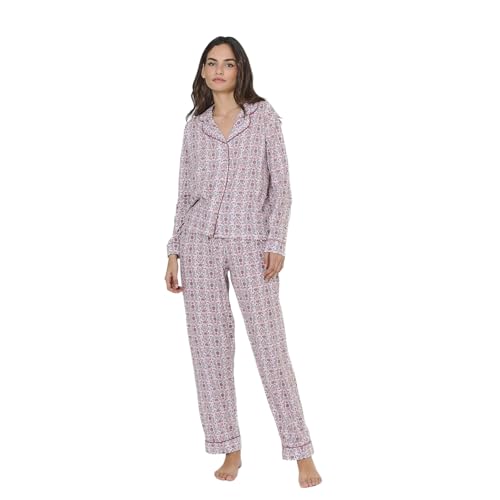 TRAMAS+ Pijama Mujer Camisero Algodón, Pijama Mujer Largo, Conjunto de Manga Larga con Botones y pantalón con Cintura Elastica, Ropa de Dormir Cómoda - XL, MIA Rosa
