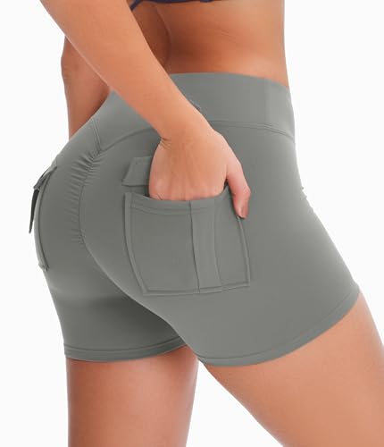 YOAKUKA Women Workout Shorts Scrunch with Pockets Butt Lifting Gym Yoga Workout Biker Cargo Shorts Dark Gray — view 2