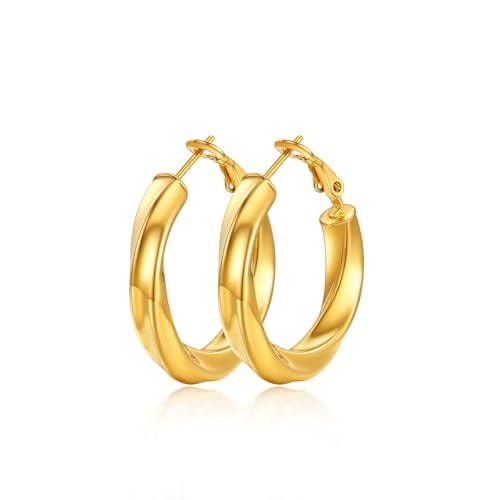 Classic Black/18K Gold Plated/Stainless Steel Hoop Earrings for Women 20mm/30mm/40mm/60mm/80mm Oversized Hypoallergenic Chunky Tube Hoops Rounded Loop Earrings Come with Box 01.Golden Cube T